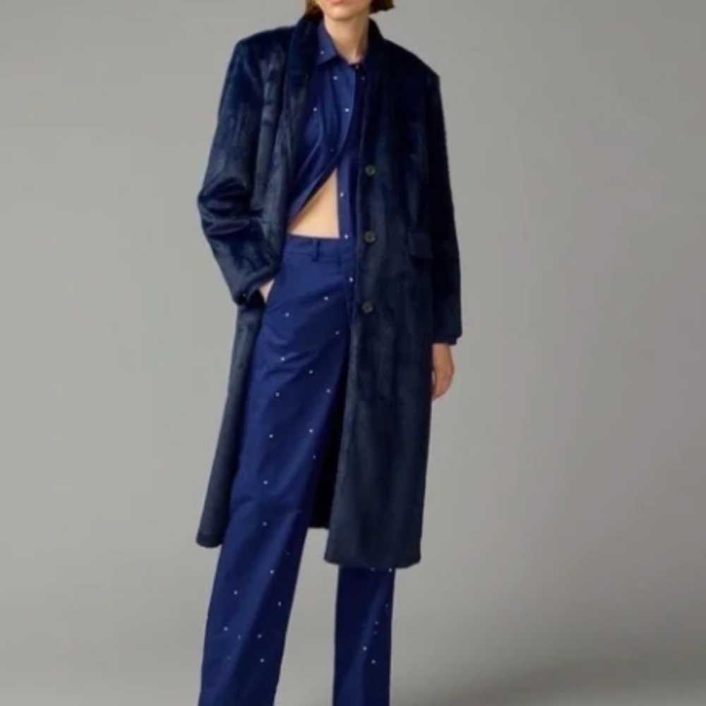 NWT J CREW COLLECTION NAVY BLUE FAUX FUR Palais topcoat LONG COAT SIZE 6